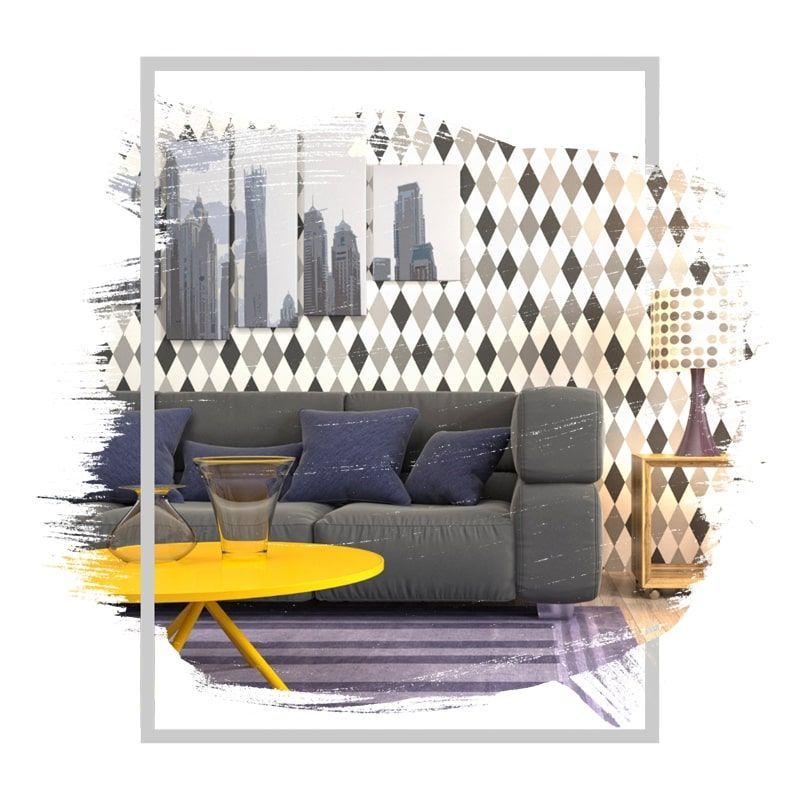Living room with gray sofa, patterned wallpaper, yellow table, cityscape art, and lamp.