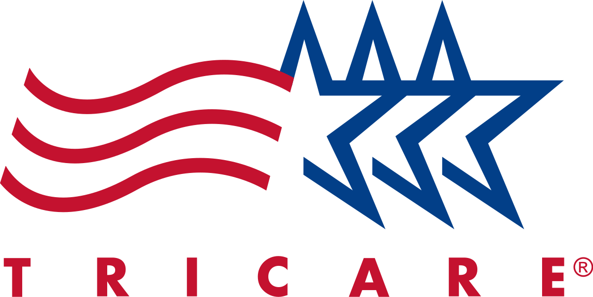 A red white and blue logo for tricare