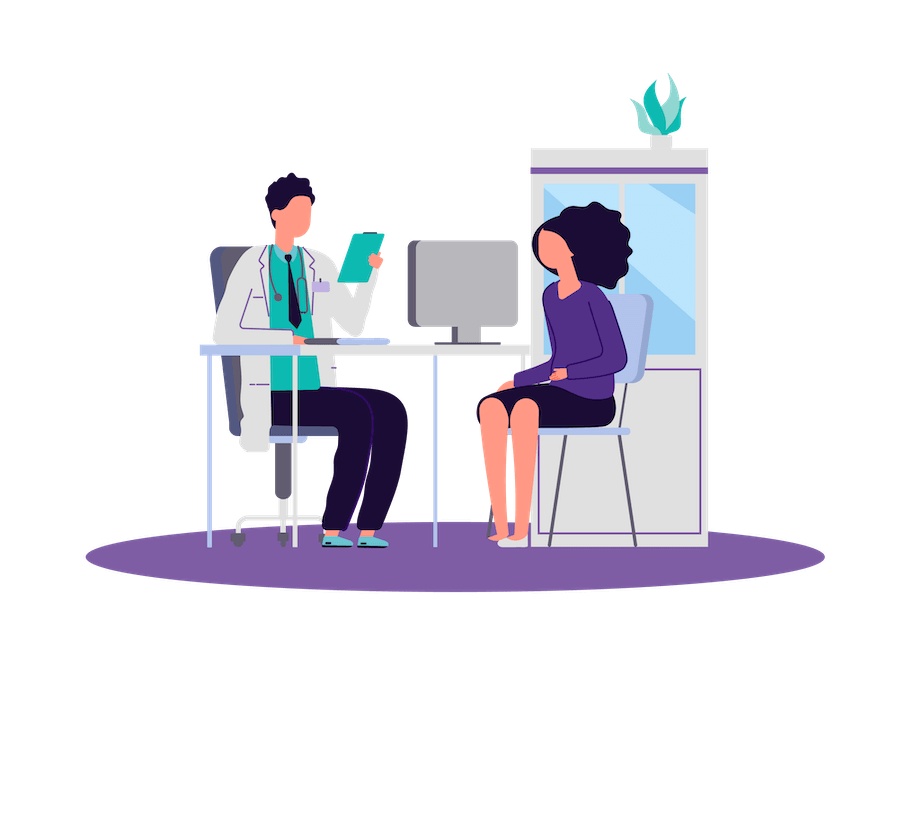 A doctor is talking to a patient who is sitting at a desk.