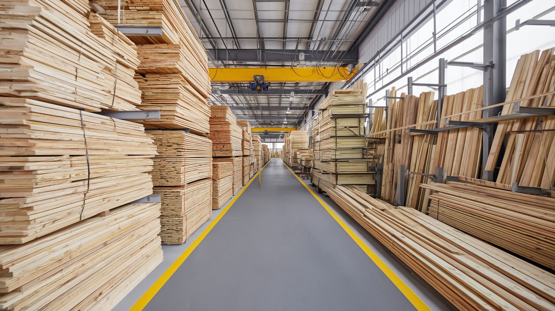 A large warehouse with stacks of lumber and a yellow line on the floor.