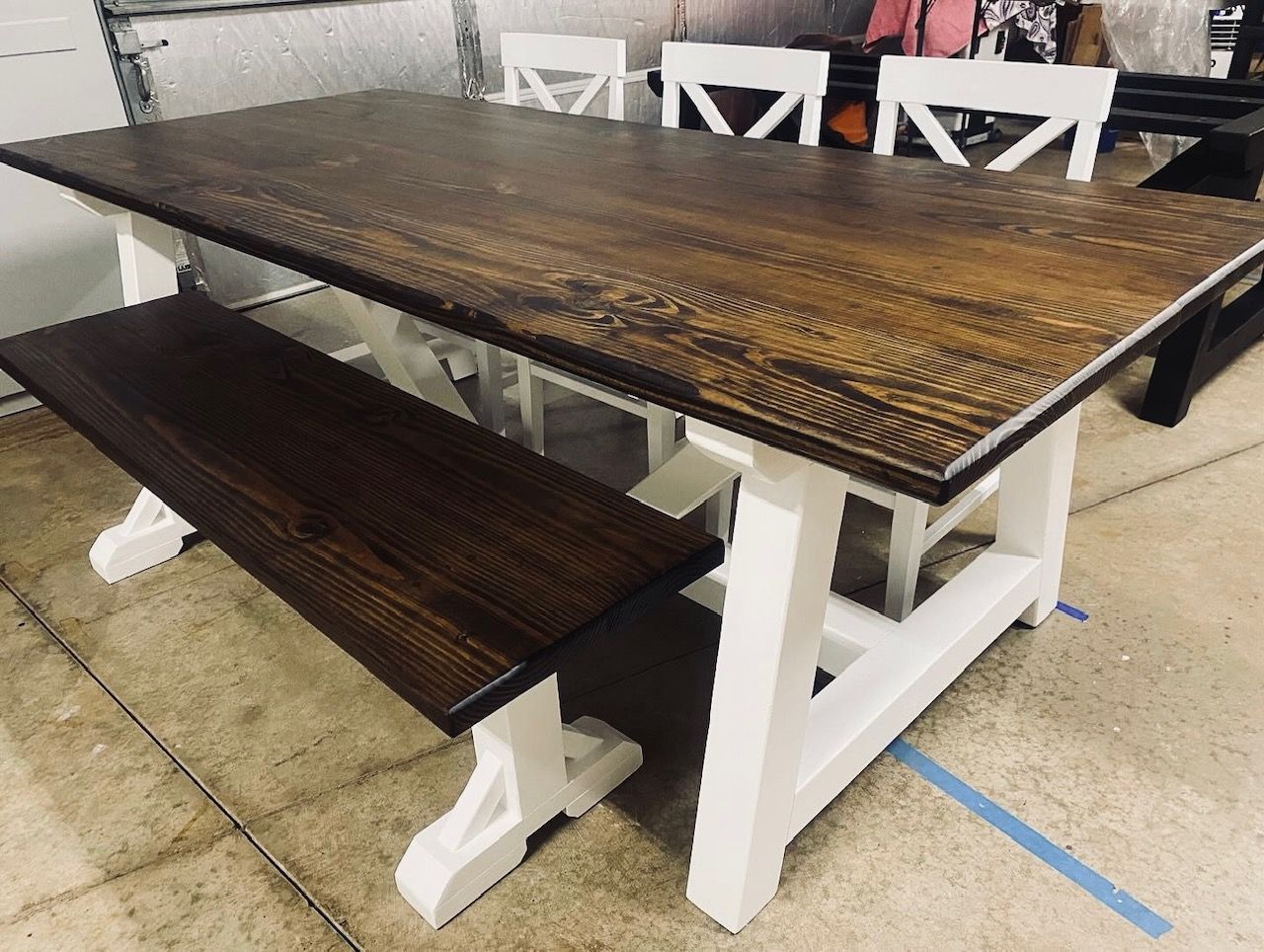 7.5ft Trestle Dining Table, Bench and 3 Farmhouse Chairs