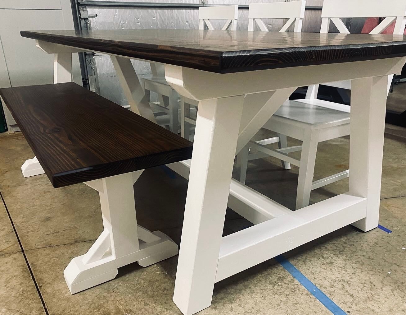 7.5ft Trestle Dining Table, Bench and 3 Farmhouse Chairs