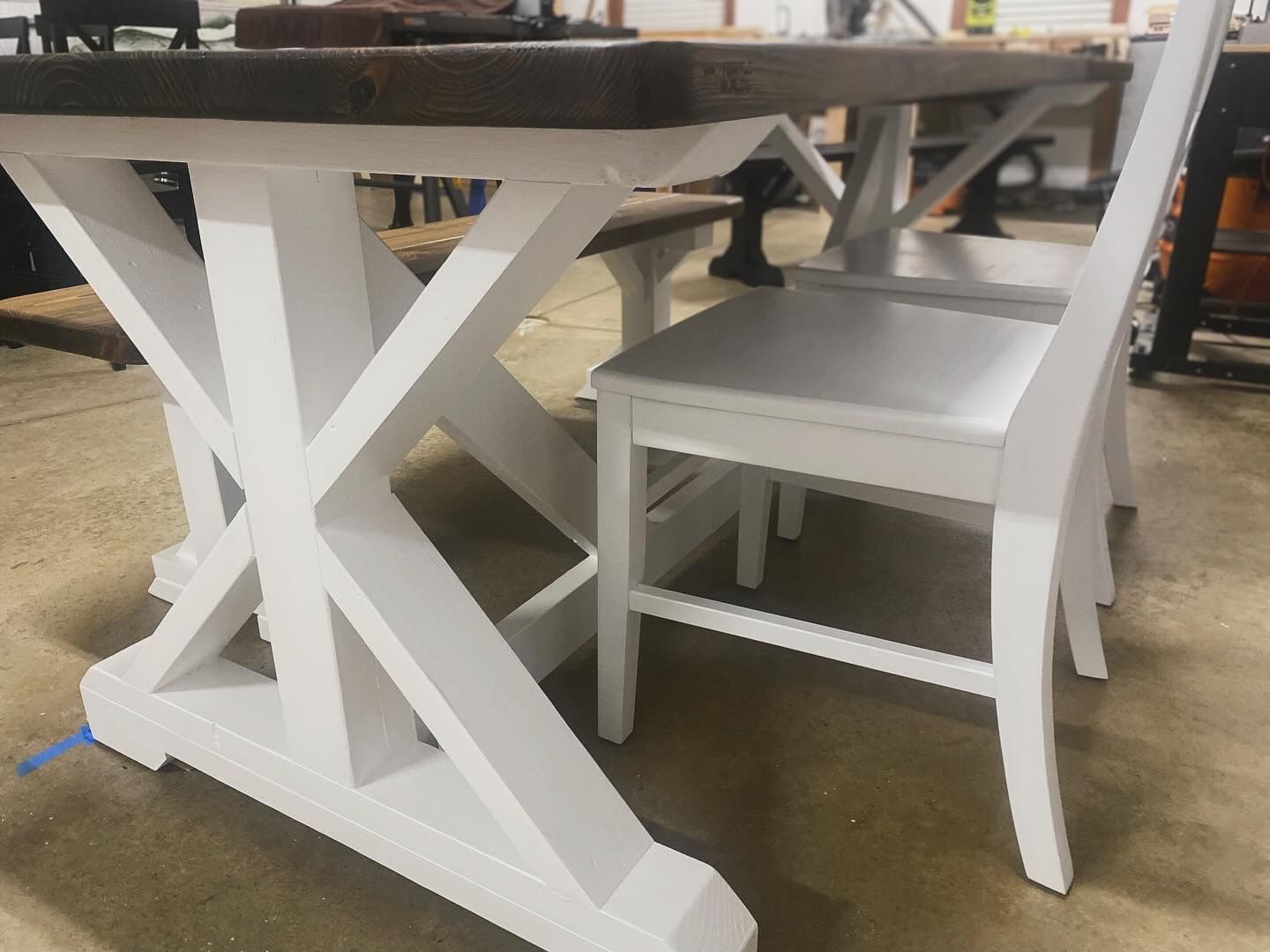 6ft Farmhouse Dining Table, Bench and 2 Farmhouse Chairs