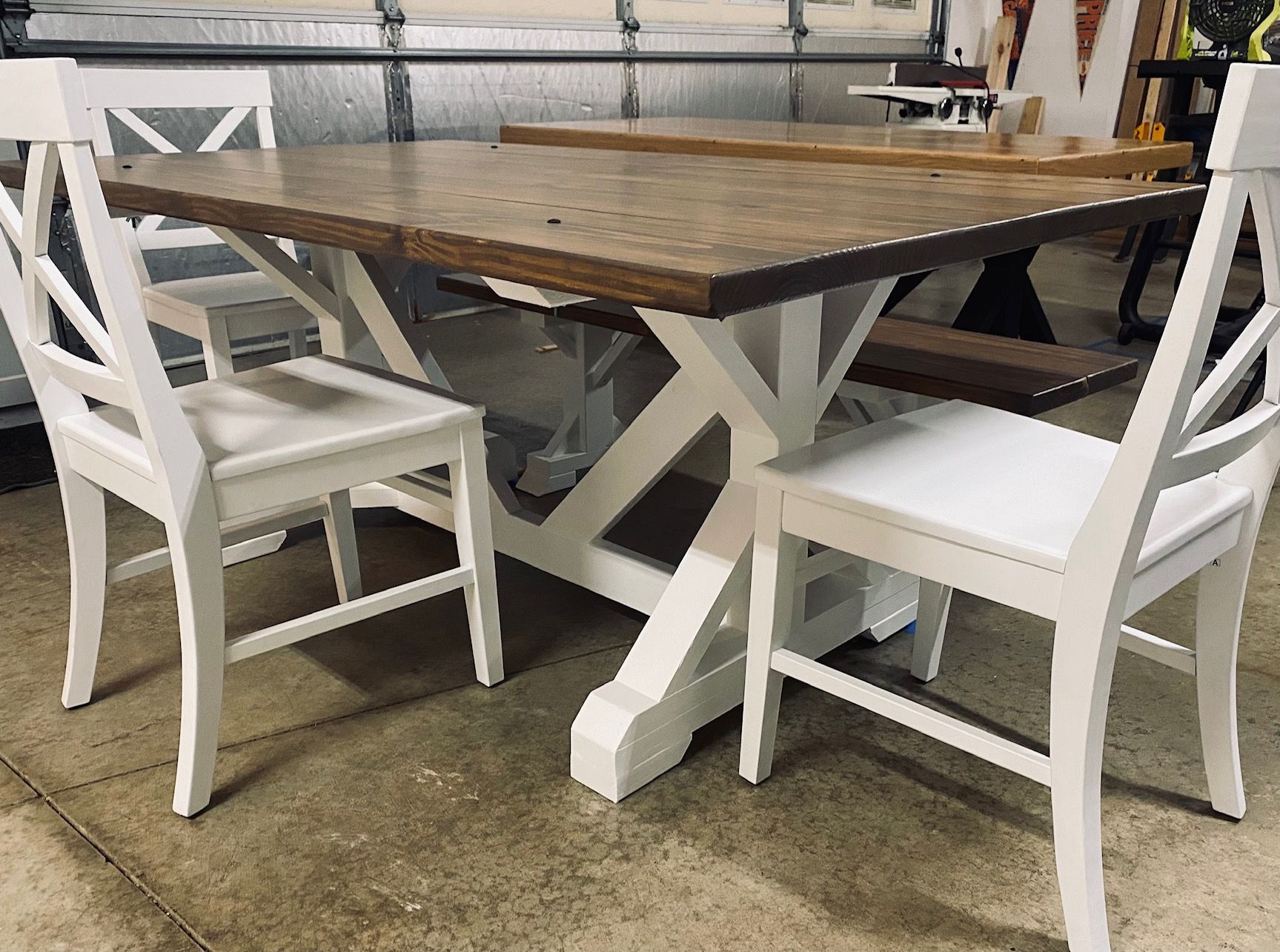 5.5ft Farmhouse Dining Table, Bench and 3 Farmhouse Chairs