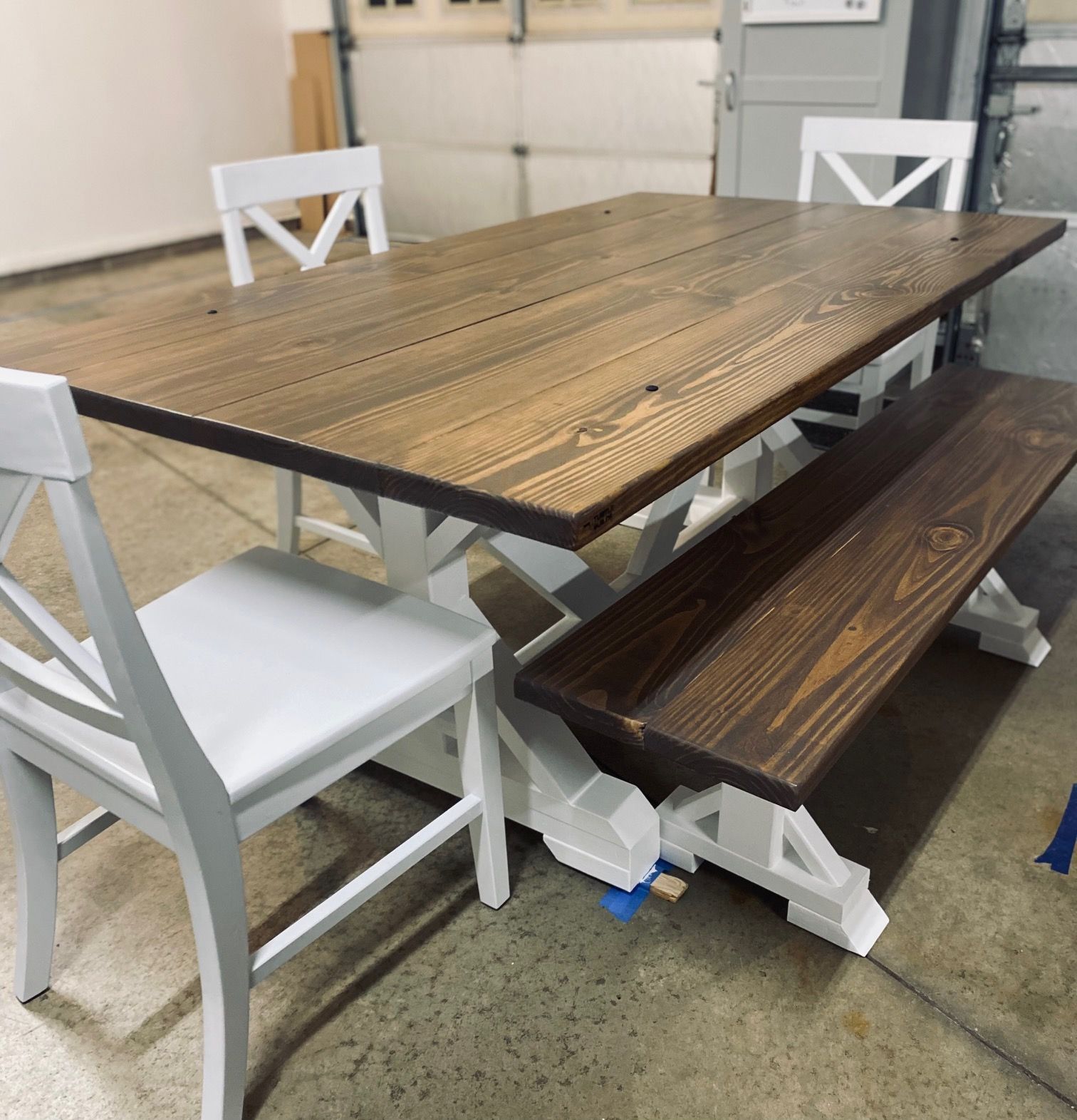 5.5ft Farmhouse Dining Table, Bench and 3 Farmhouse Chairs