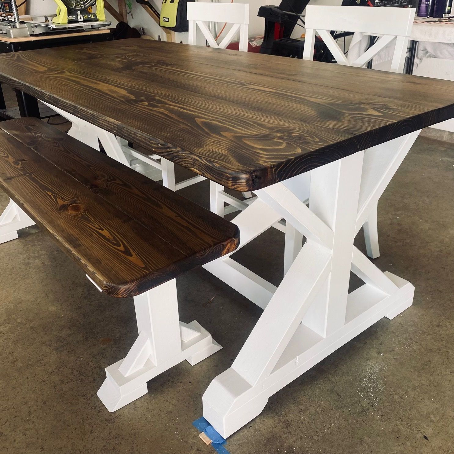 6ft Farmhouse Dining Table, Bench and 2 Farmhouse Chairs