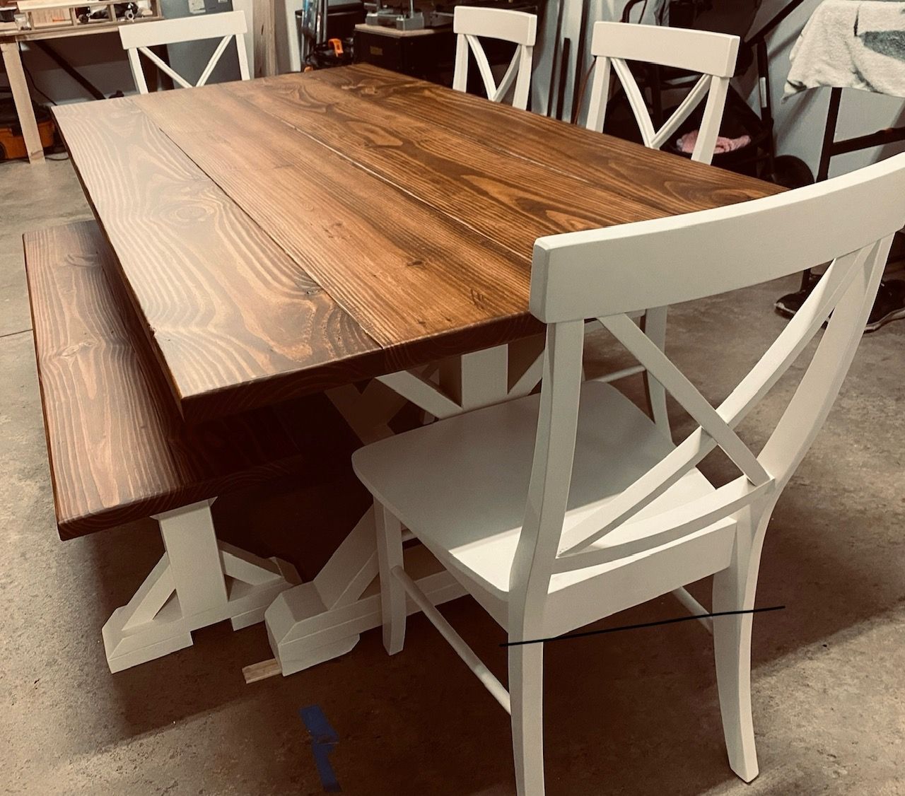 7ft Farmhouse Dining Table, Bench and 4 Farmhouse Chairs