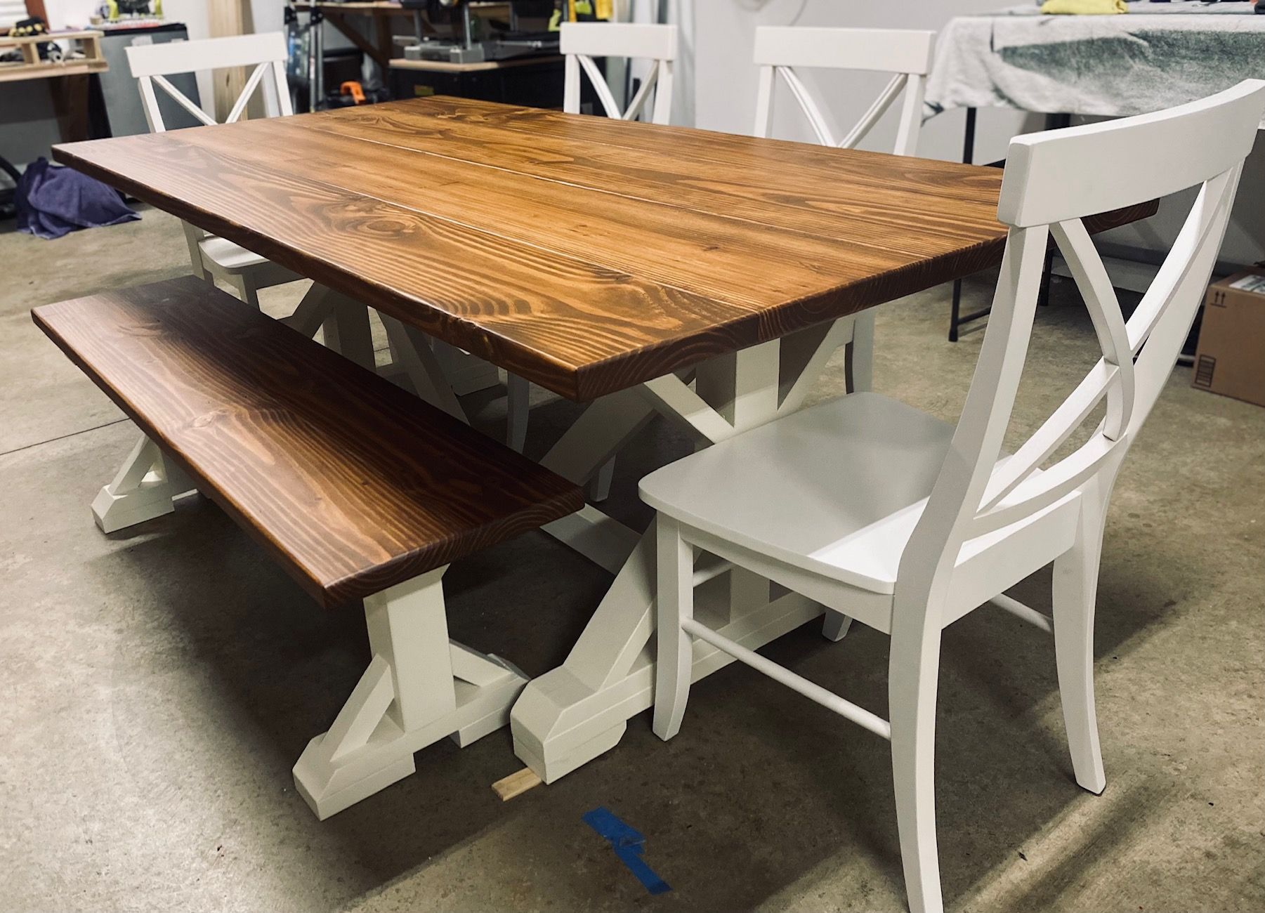 7ft Farmhouse Dining Table, Bench and 4 Farmhouse Chairs