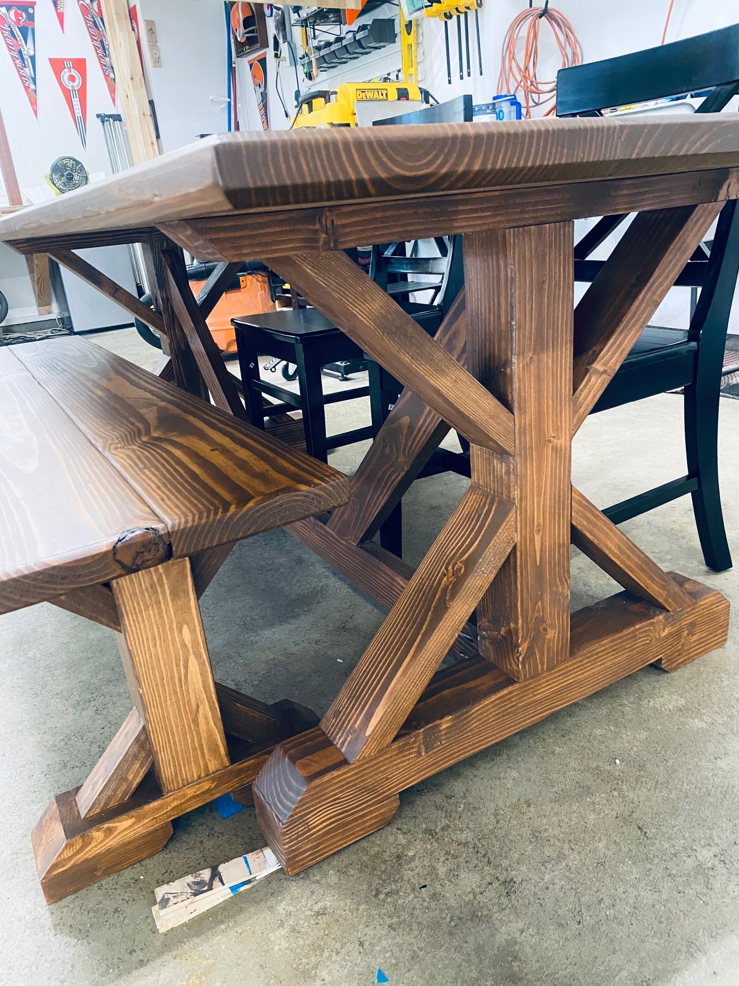 6.5ft Farmhouse Dining Table, Bench and Black Farmhouse Chairs