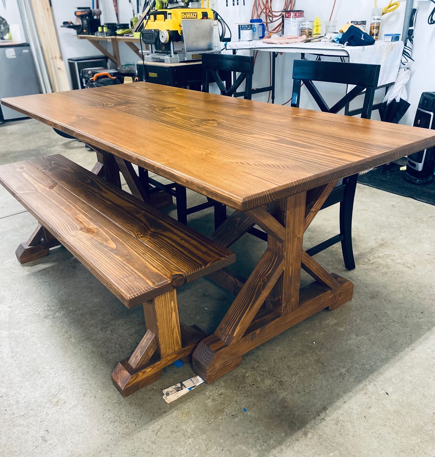 6.5ft Farmhouse Dining Table, Bench and Black Farmhouse Chairs
