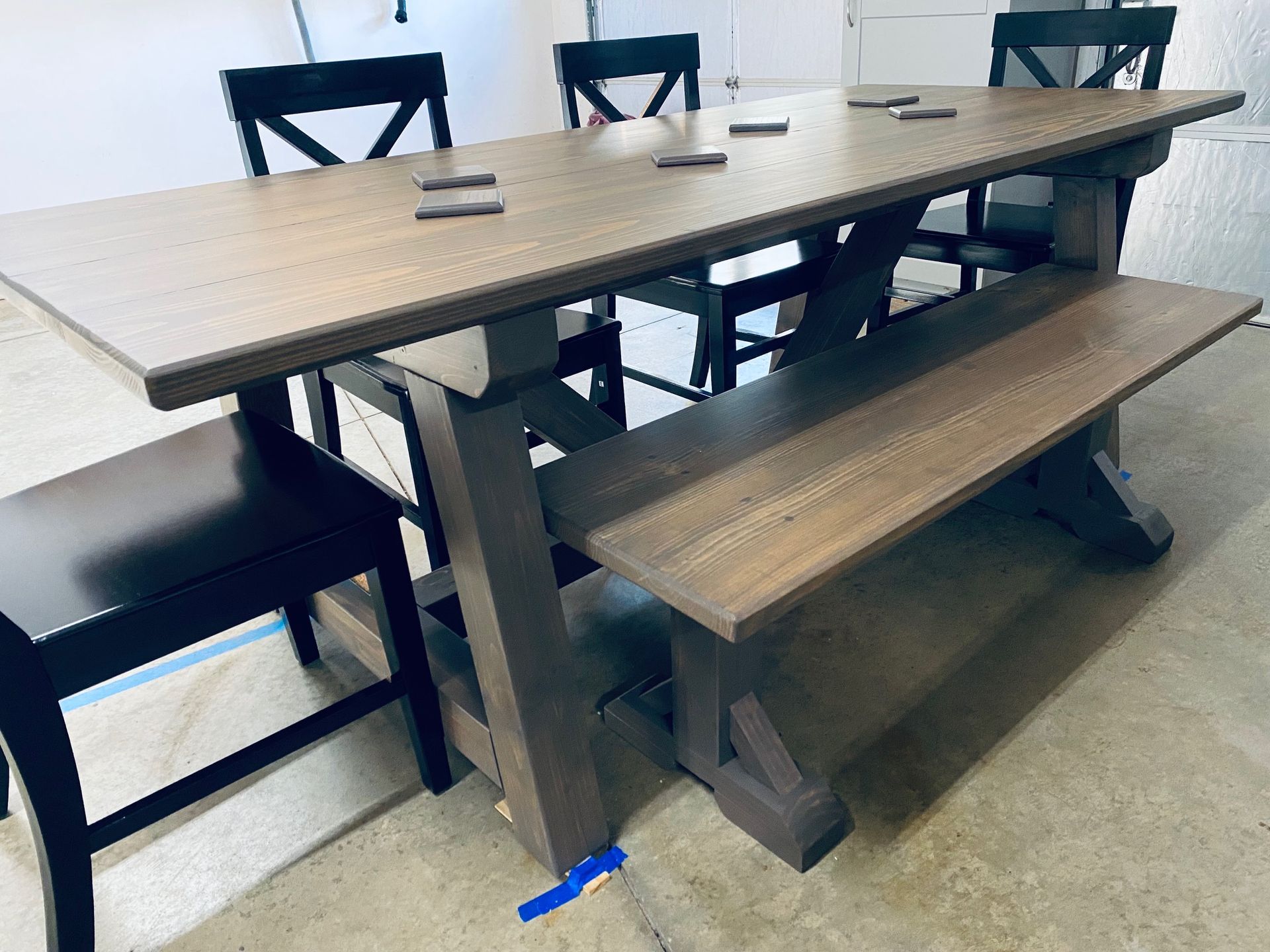 7ft Trestle Dining Table, Matching Bench and 4 Farmhouse Chairs