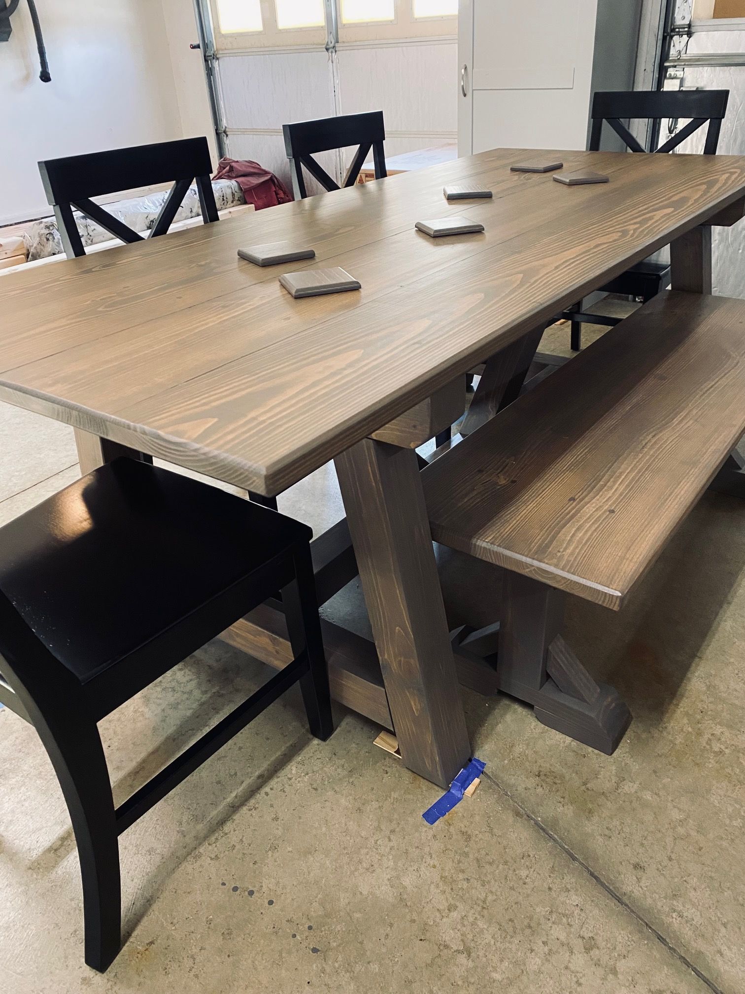7ft Trestle Dining Table, Matching Bench and 4 Farmhouse Chairs