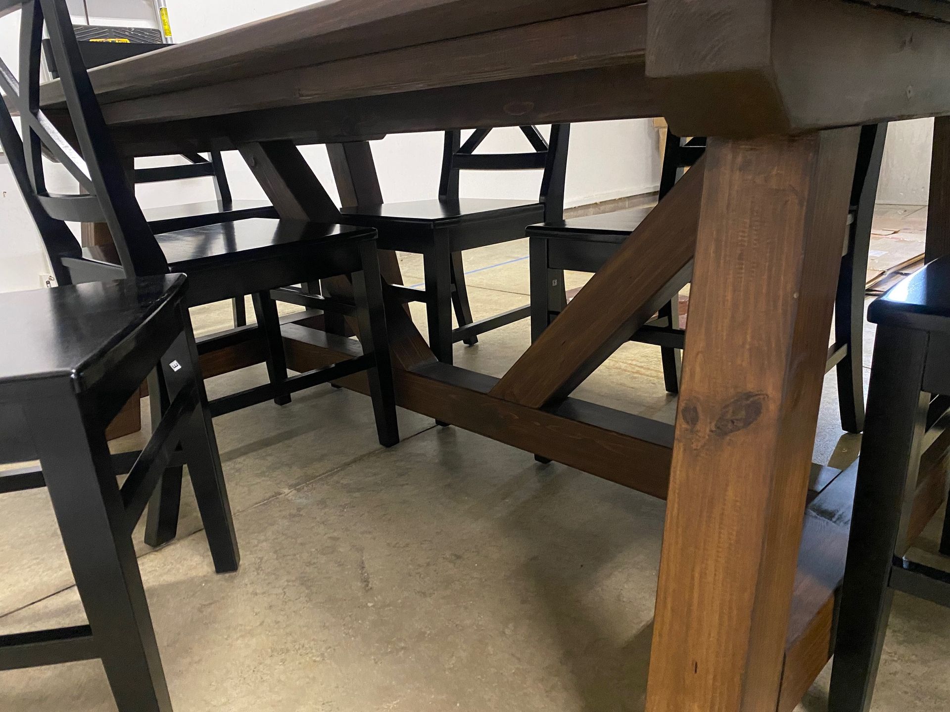 6.5ft Trestle Dining Table and 6 Black Farmhouse Chairs