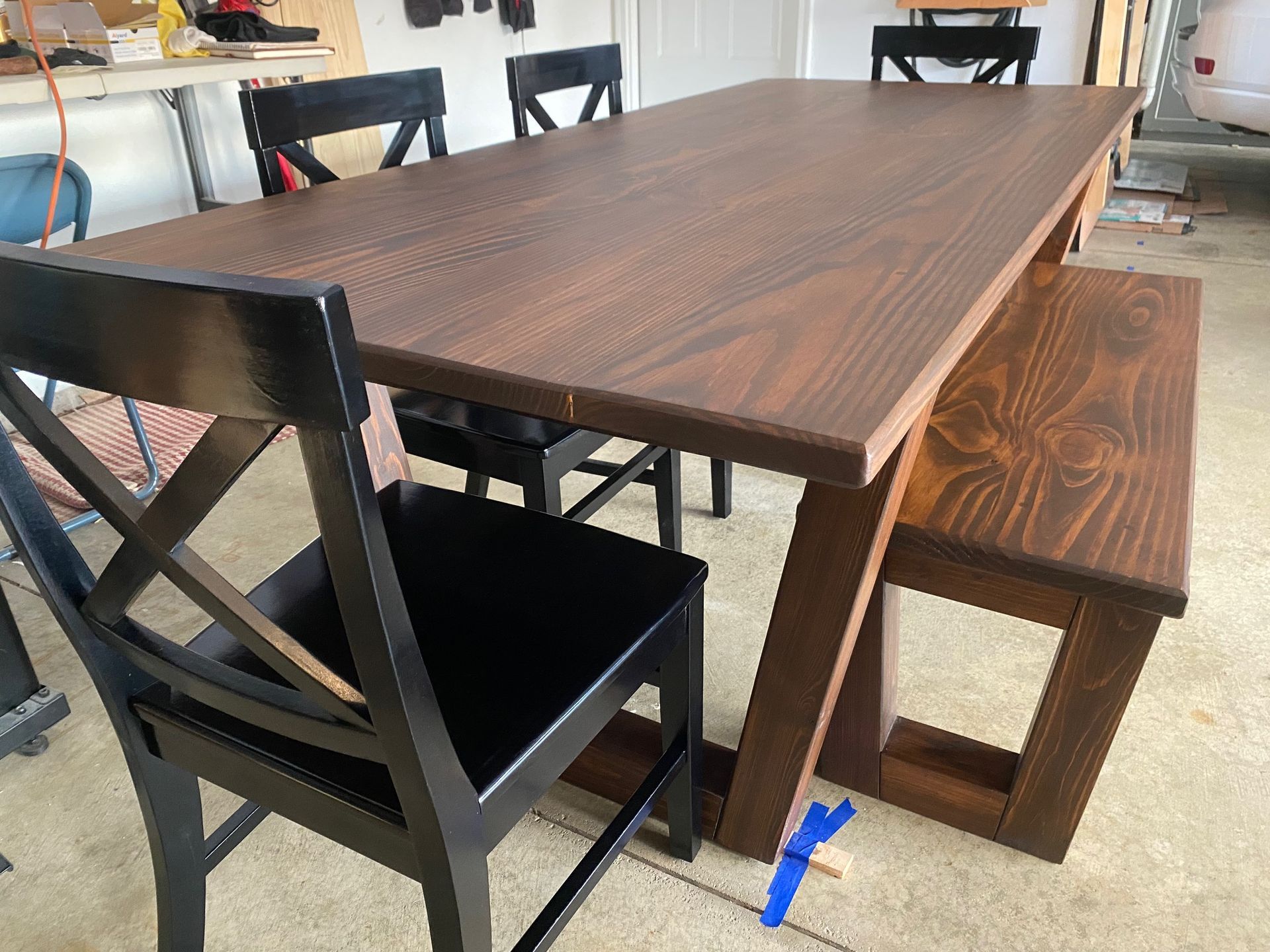 7ft Modern Dining Table, Bench and 4 Farmhouse Chairs