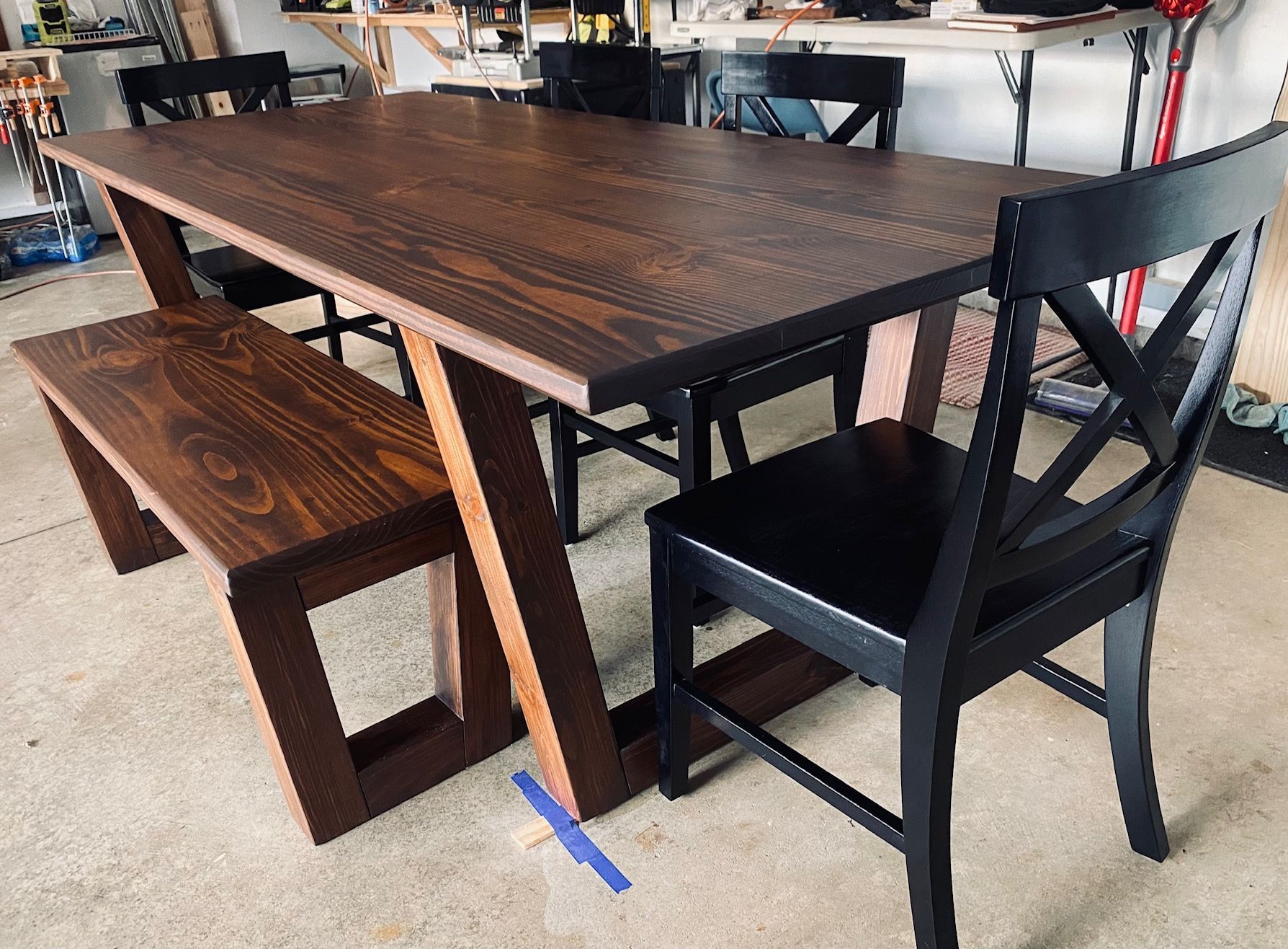 7ft Modern Dining Table, Bench and 4 Farmhouse Chairs