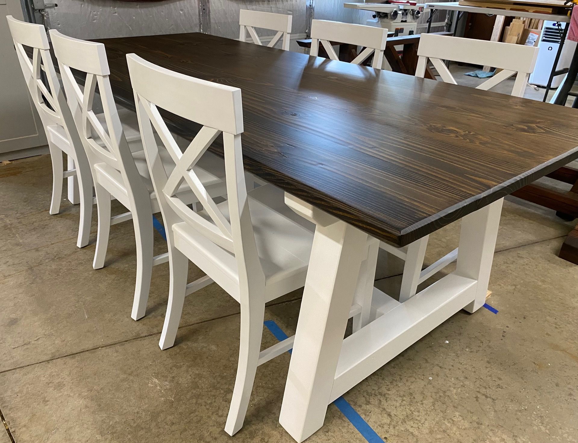 7.5ft Trestle Dining Table and 6 Farmhouse Chairs