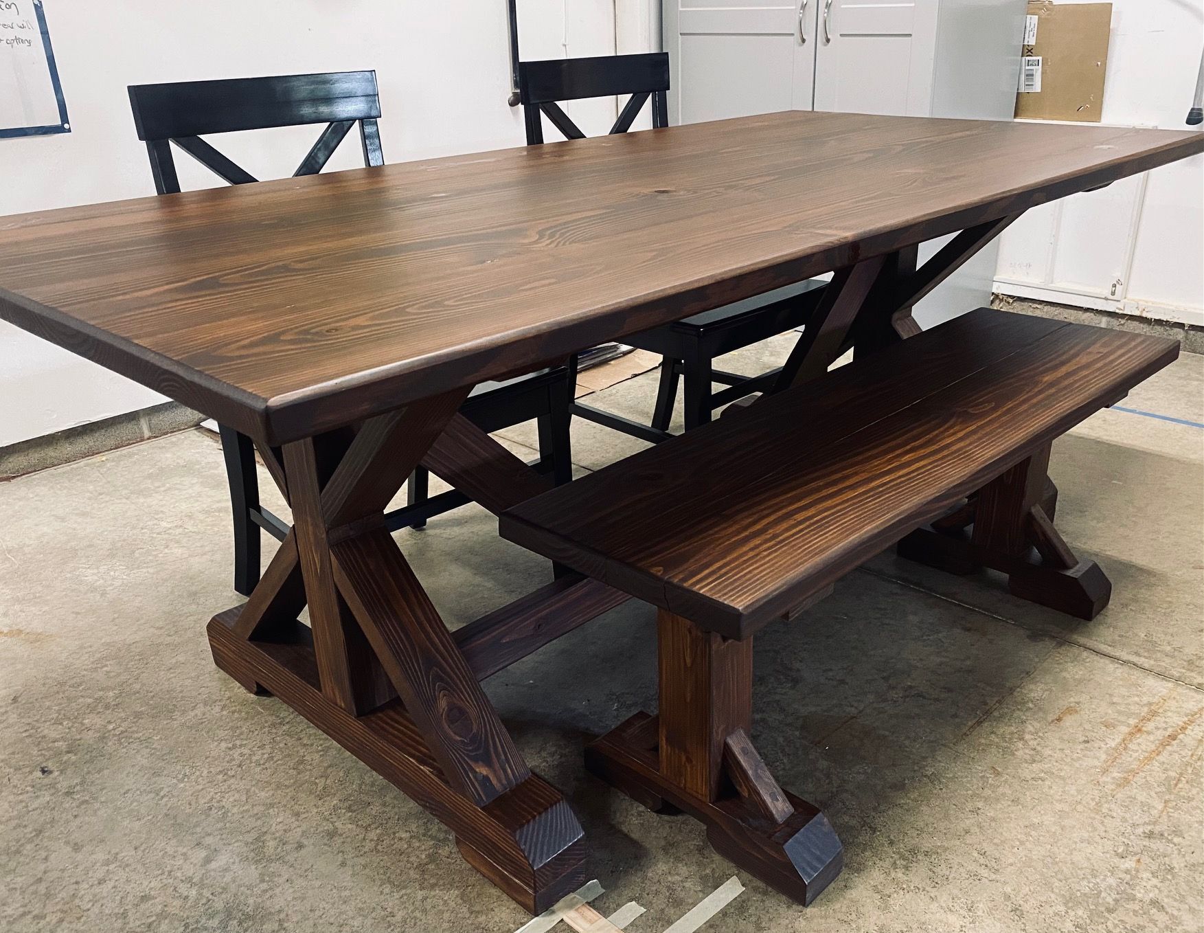 6.5 ft Farmhouse Dining Table, Bench and Two Farmhouse Chairs