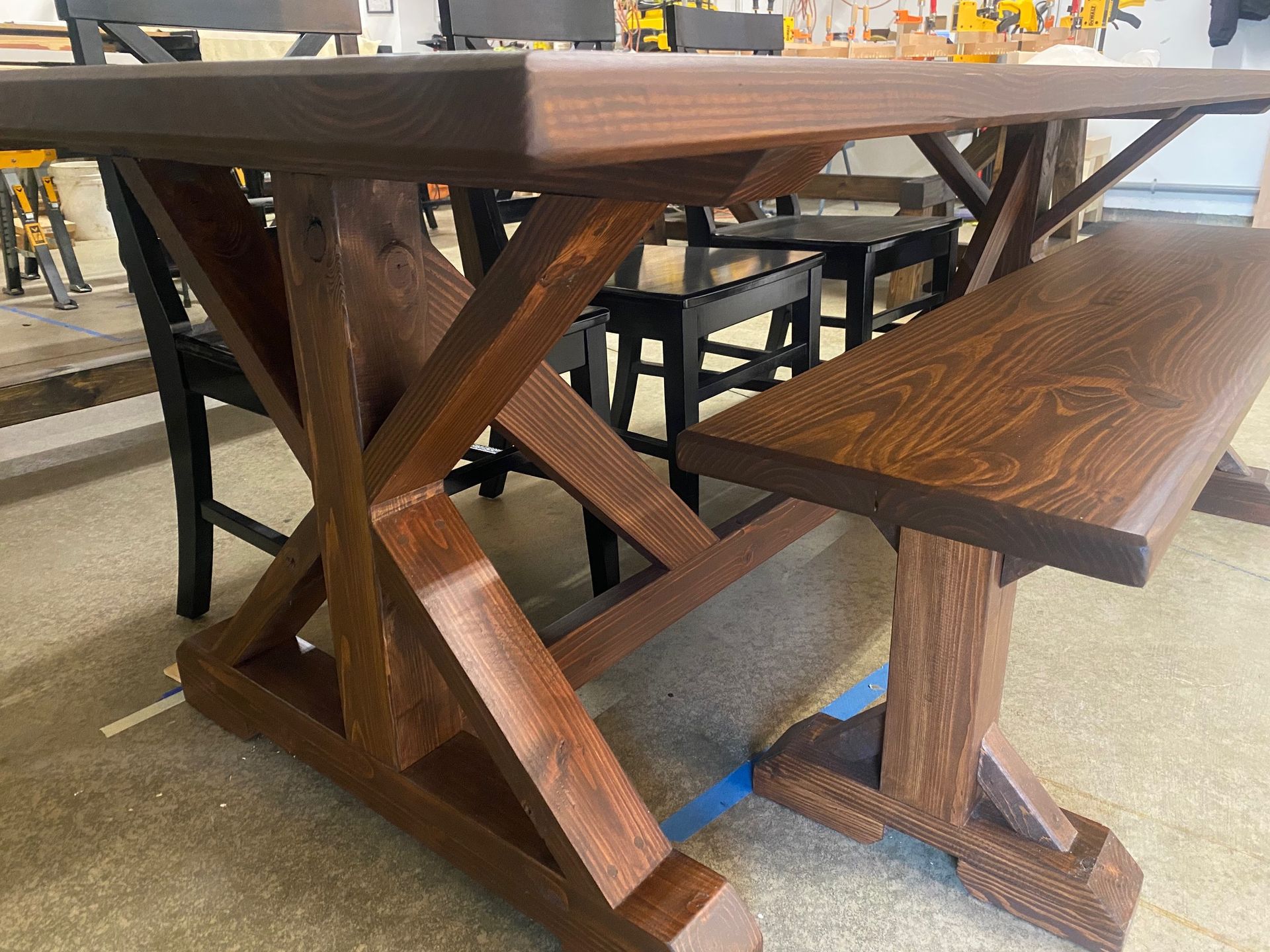 7.5ft Farmhouse Dining Table, Bench and 3 Farmhouse Chairs