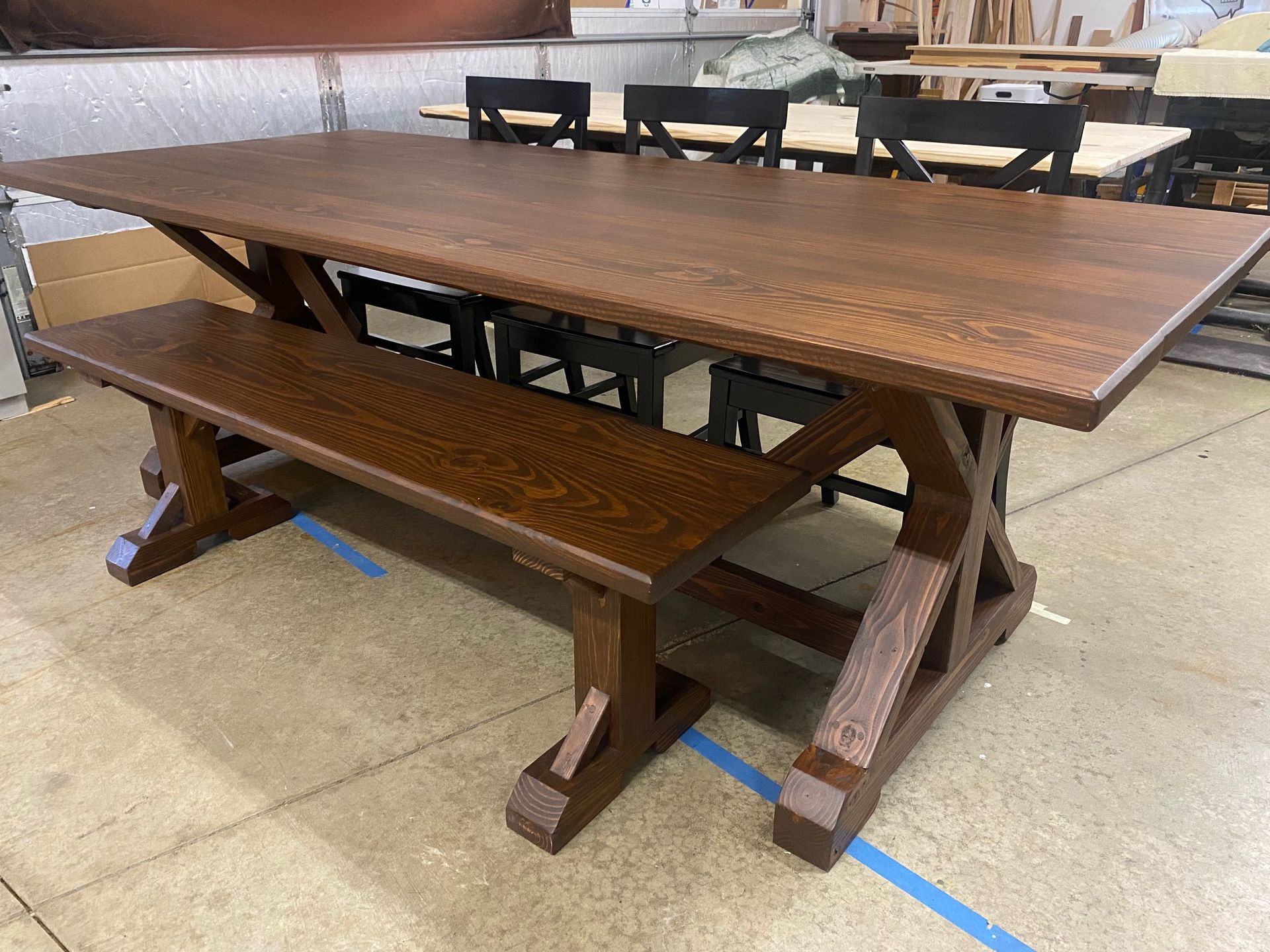 7.5ft Farmhouse Dining Table, Bench and 3 Farmhouse Chairs