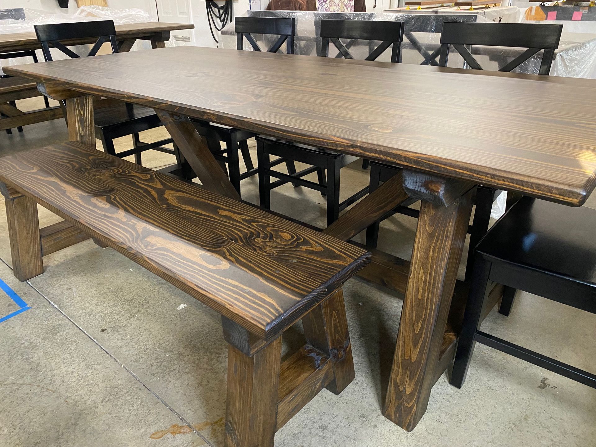 7.5ft Trestle Dining Table, Bench and 5 Farmhouse Chairs