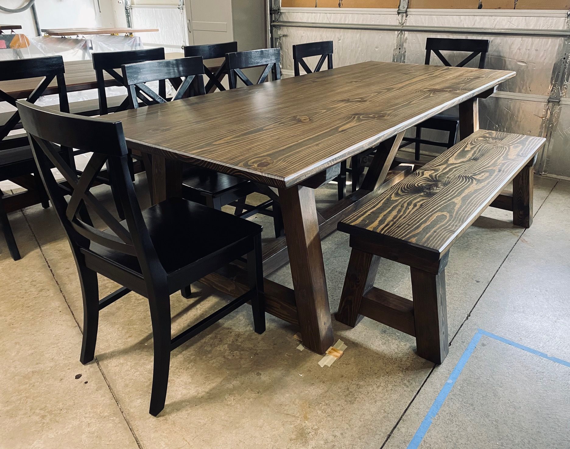 7.5ft Trestle Dining Table, Bench and 5 Farmhouse Chairs