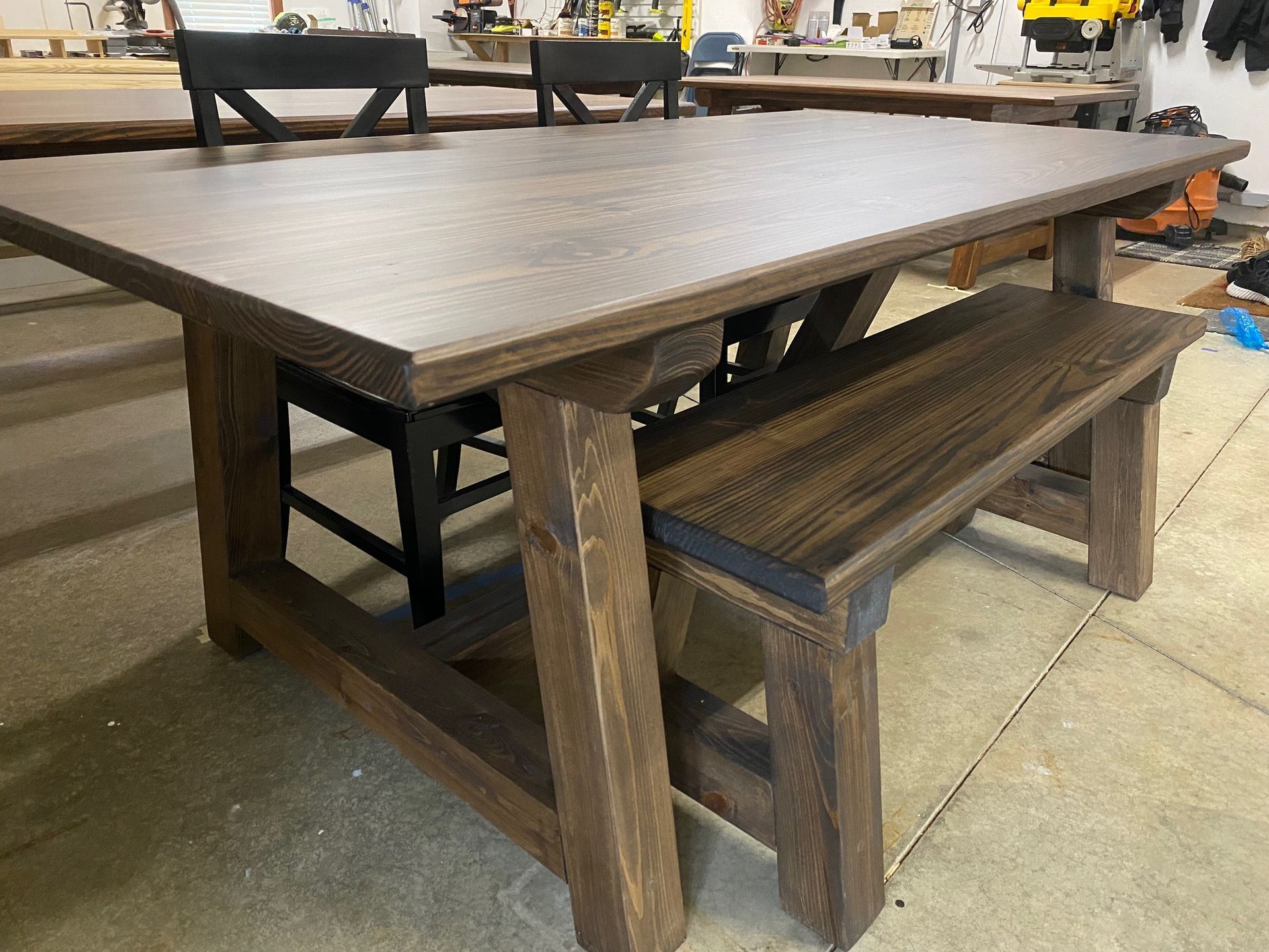 6.5ft Trestle Dining Table, Bench and 2 Black Farmhouse Chairs