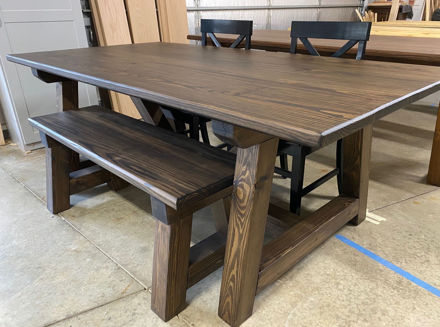 6.5ft Trestle Dining Table, Bench and 2 Black Farmhouse Chairs