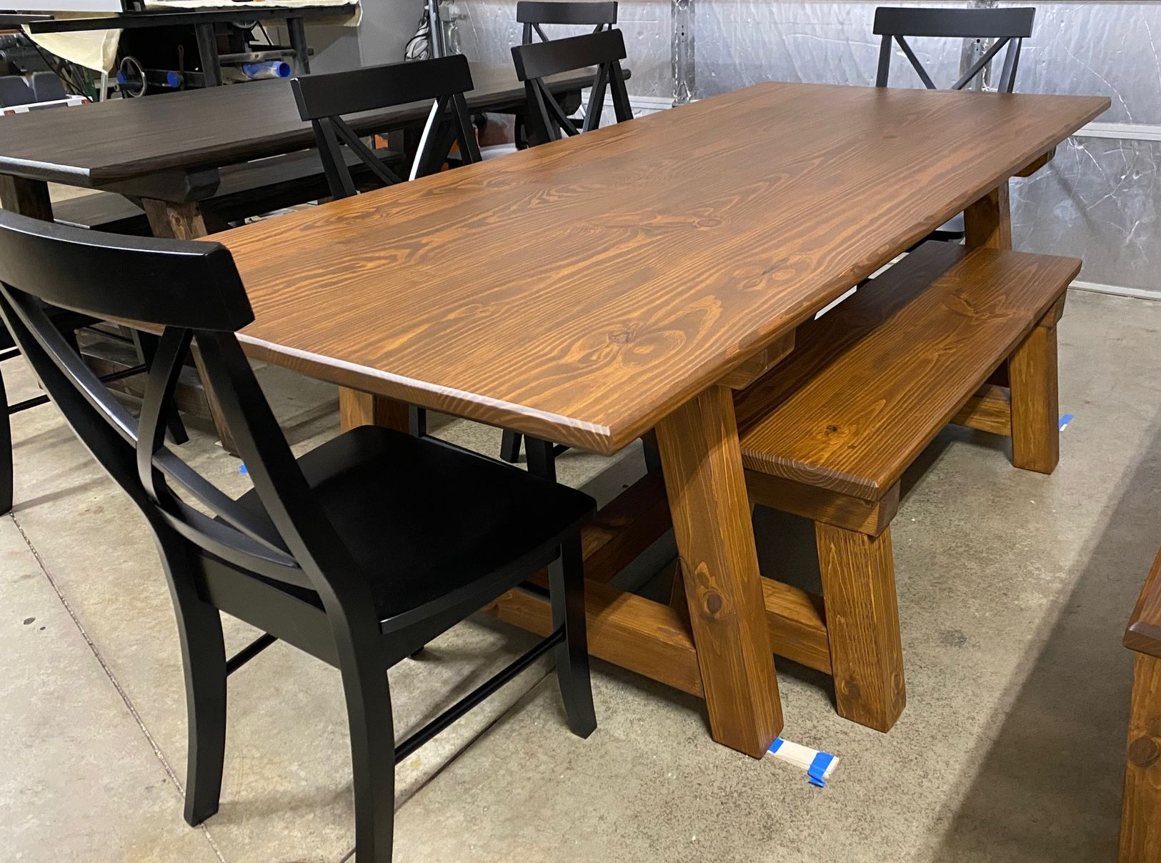 7.5ft Trestle Dining Table with Bench and 4 Black Chairs