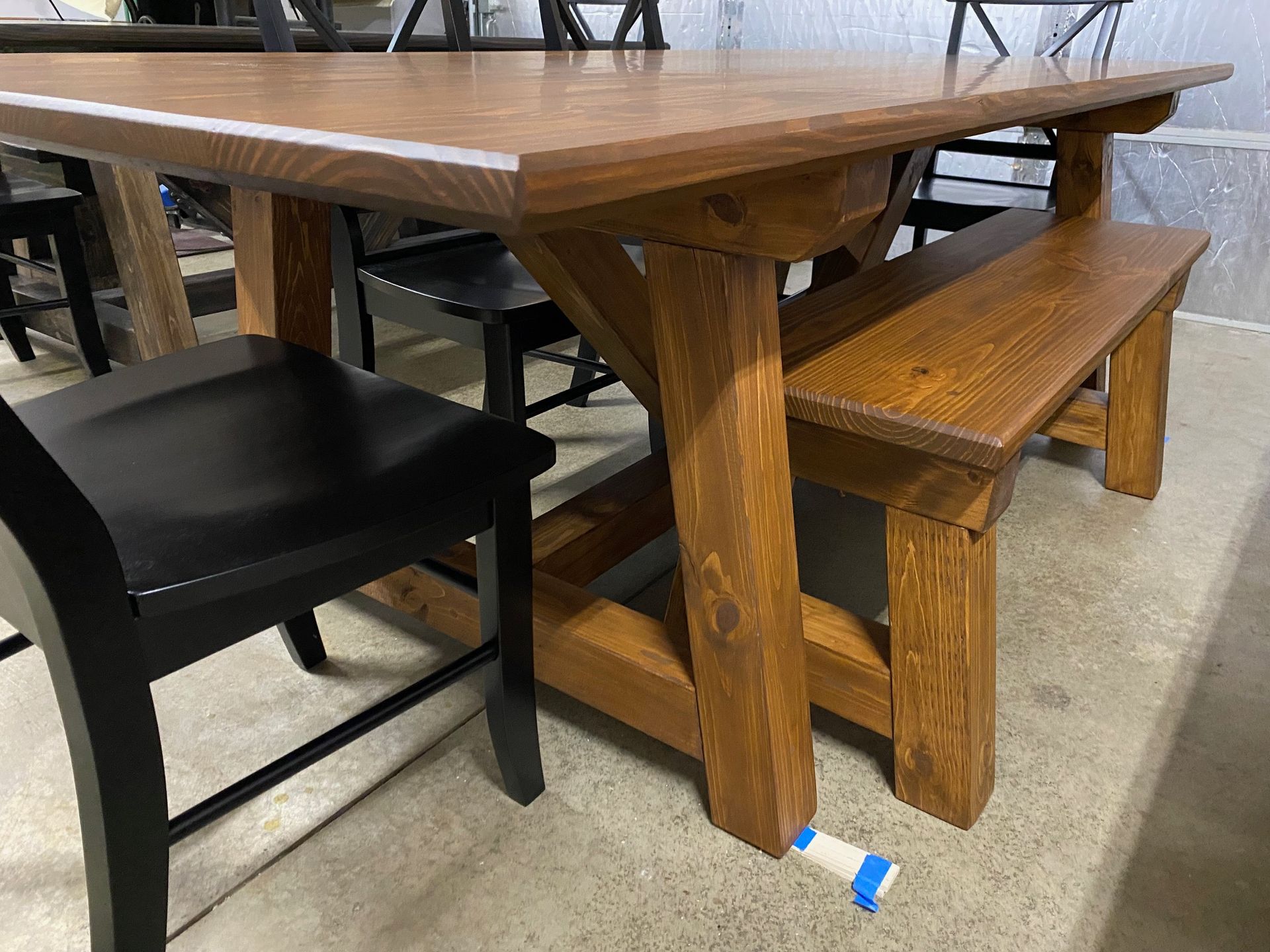 7.5ft Trestle Dining Table with Bench and 4 Black Chairs