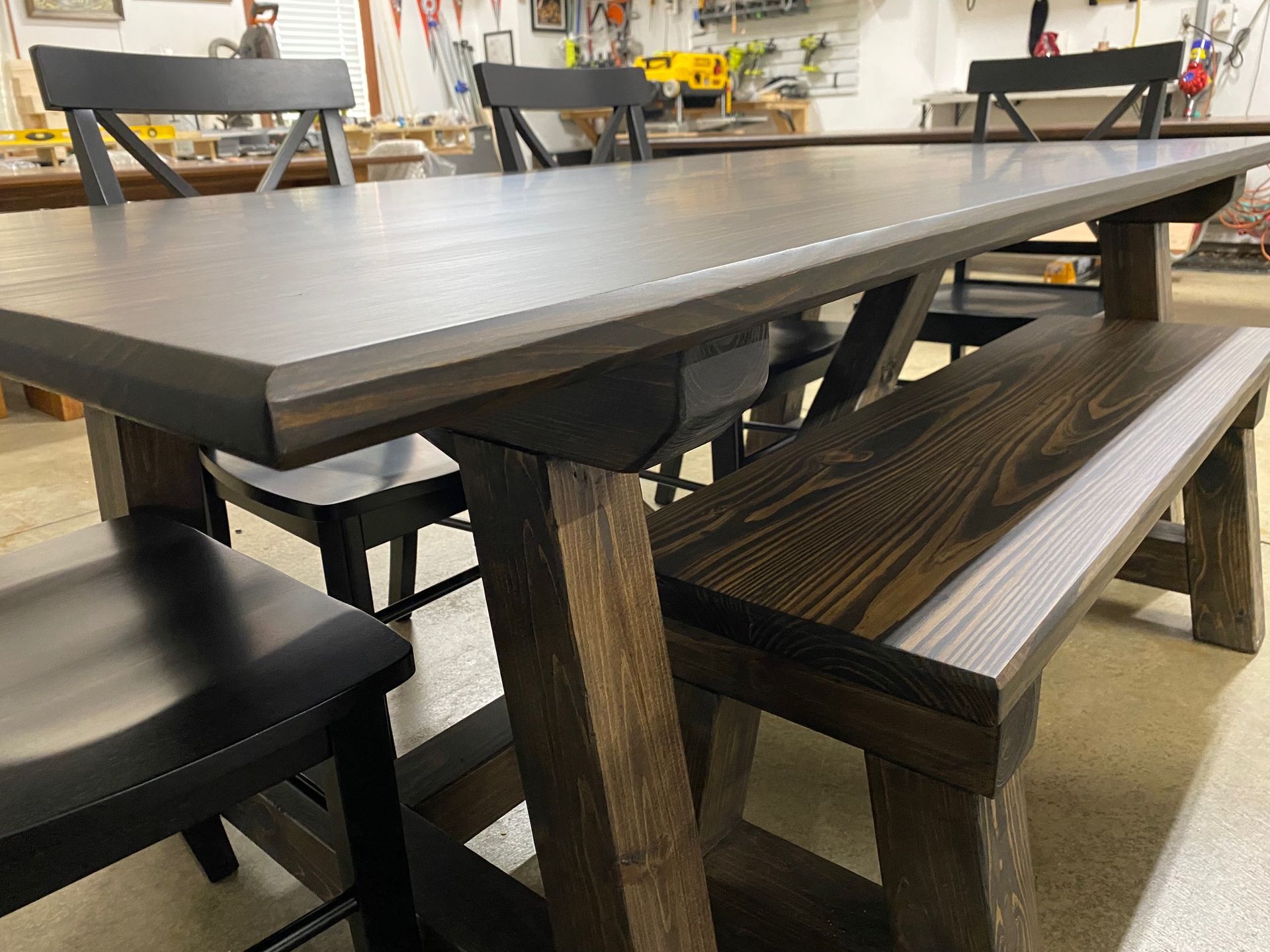 7ft Trestle Table with Bench and 4 Black Chairs