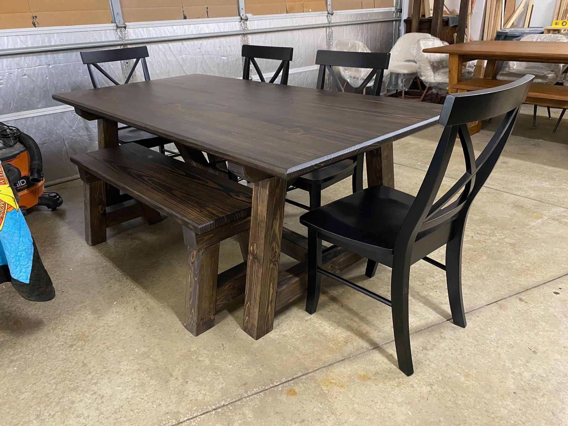 7ft Trestle Table with Bench and 4 Black Chairs
