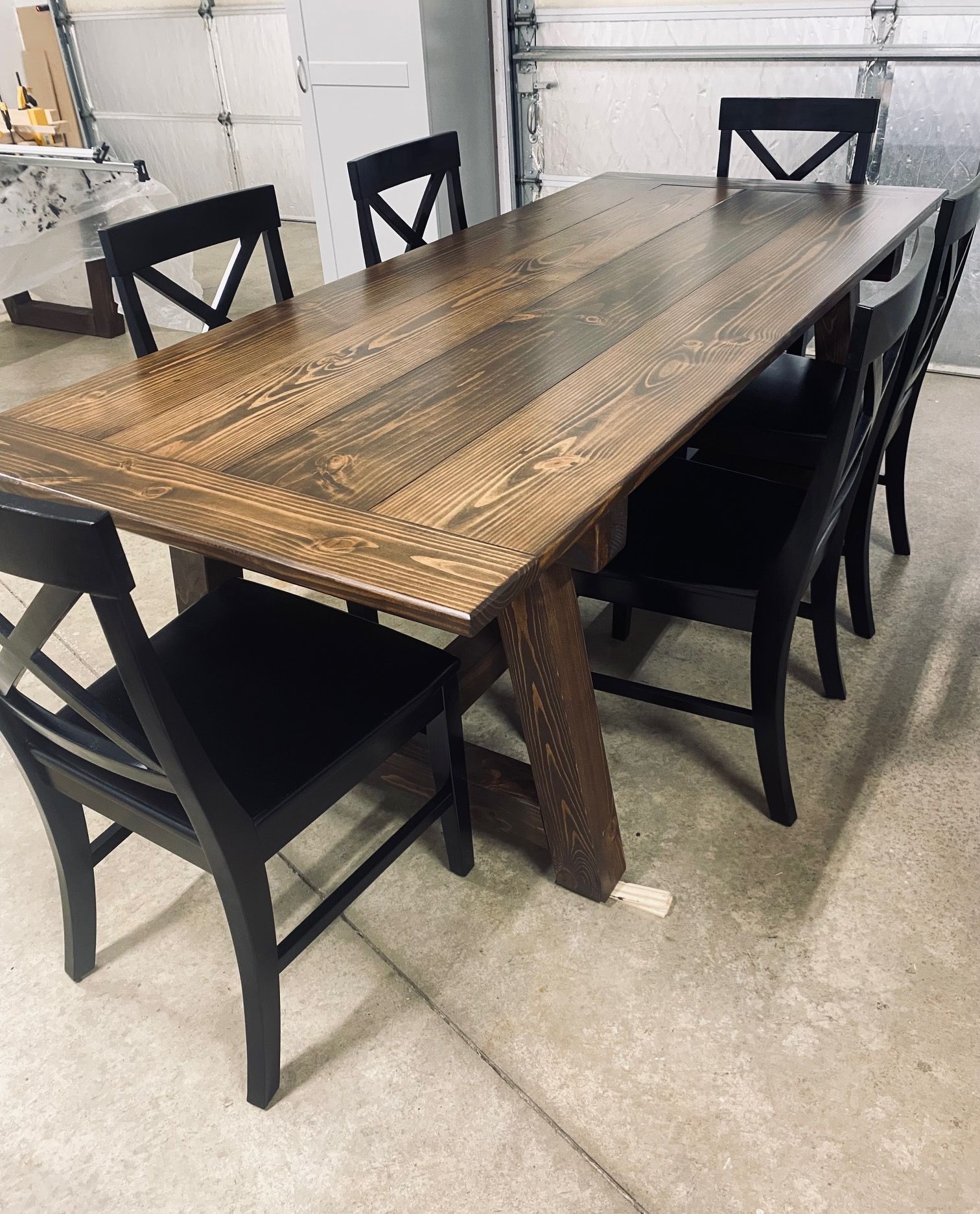 7ft Trestle Dining Table and 6 Black Farmhouse Chairs