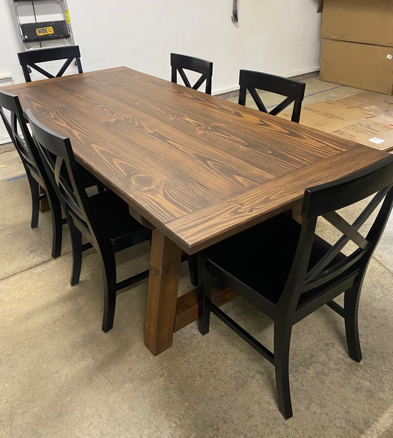 6.5ft Trestle Dining Table and 6 Black Farmhouse Chairs