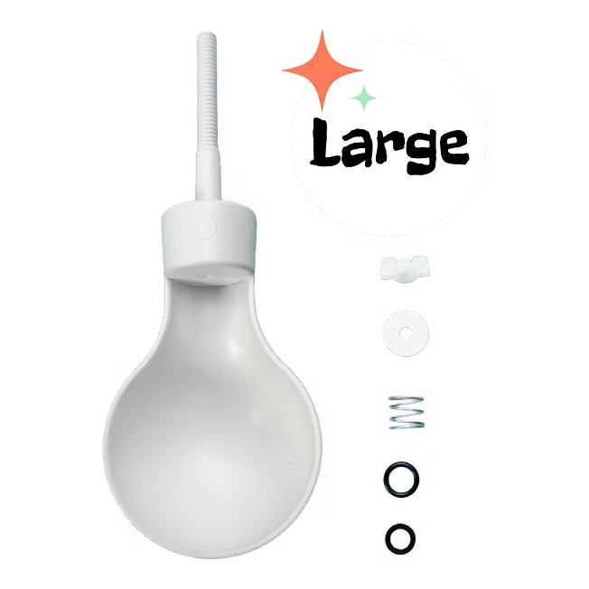White bulb-shaped toilet brush with replacement parts beside the Lange logo on a white background