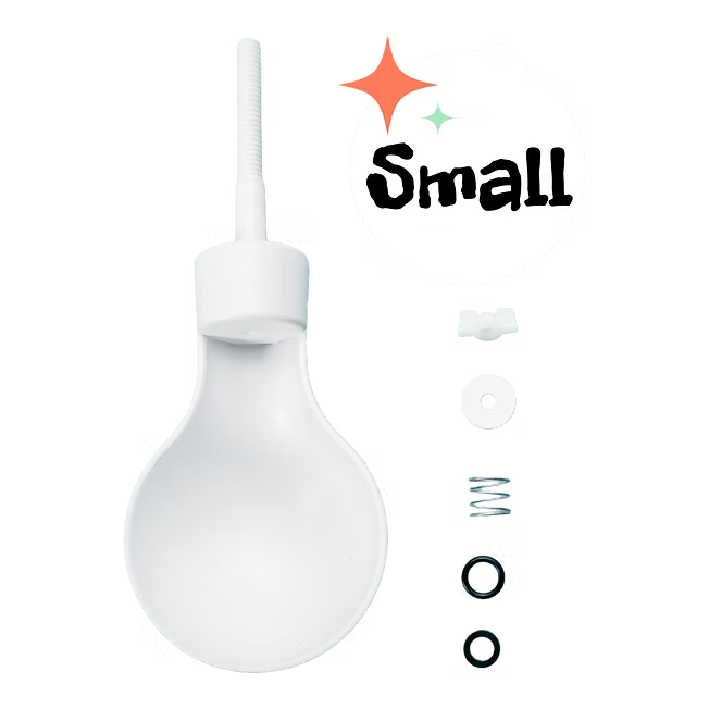 White bulb-shaped squeeze dispenser with nozzle, labeled “Small,” with small replacement parts shown beside it.