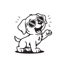 Cartoon puppy wearing sunglasses, barking with a raised paw.