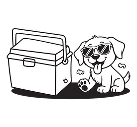 Cartoon dog wearing sunglasses sitting beside a cooler with a handle and a paw print ball