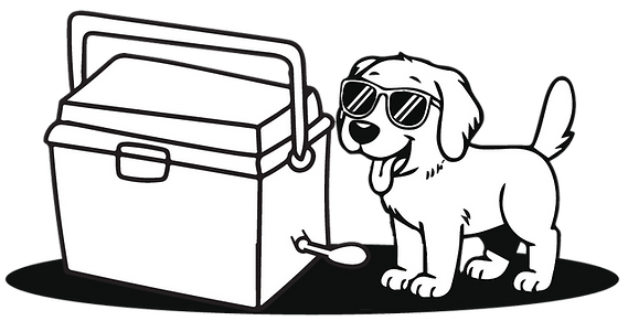 Cartoon dog wearing sunglasses beside a cooler or toolbox, tail up and mouth open