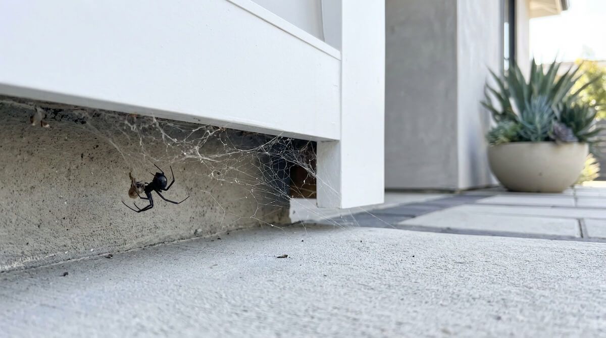 A black spider hangs in its web beneath the white trim of a house exterior, near a potted succulent.