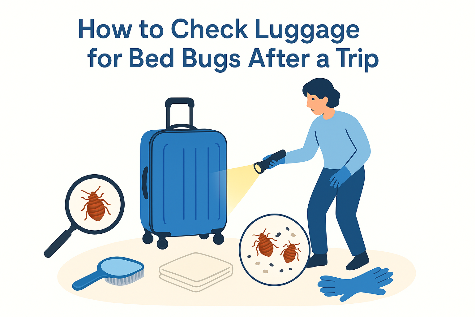 Illustration of checking blue luggage for bed bugs with a magnifying glass and spray.