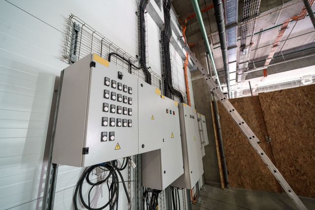 Industrial electrical control panels mounted on a wall with overhead cable trays and a leaning ladder.
