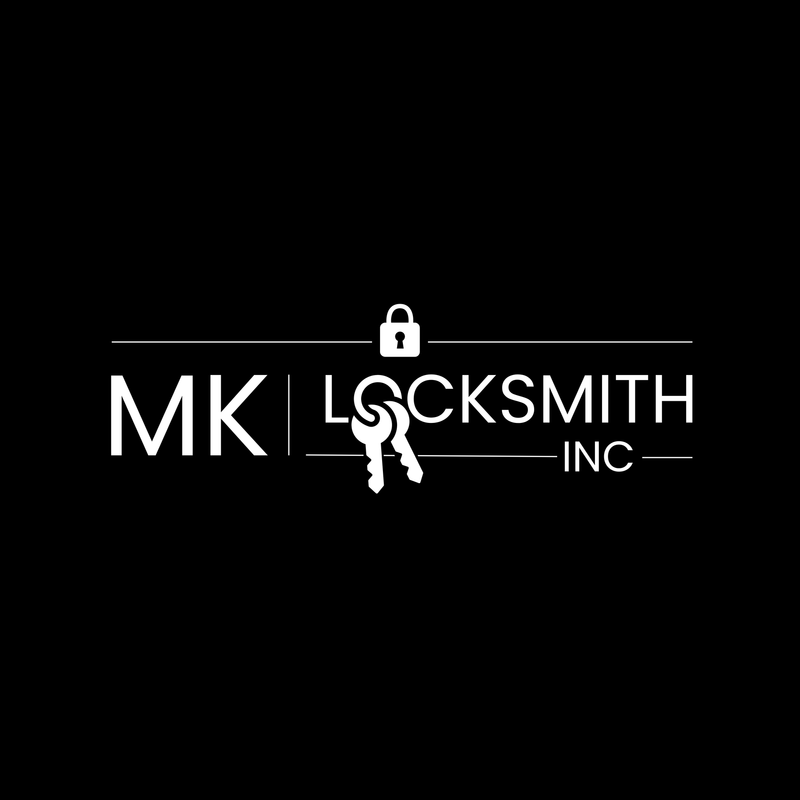 MK Locksmith Inc. logo in white on a black background with a padlock and keys icon