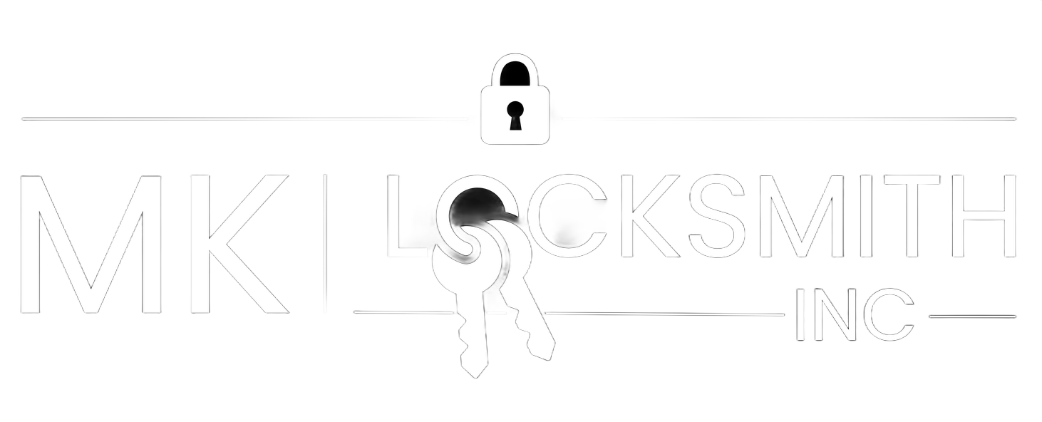 White logo reading &ldquo;MK Locksmith Inc&rdquo; with a key icon in the center