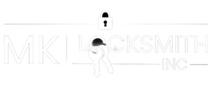 White logo reading “MK Locksmith Inc” with a key icon in the center