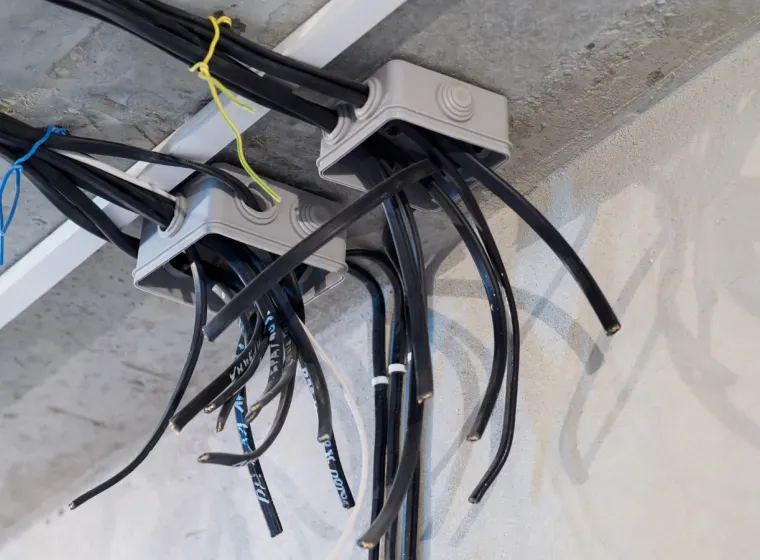 Cables hanging from a ceiling junction box with exposed black wires and a yellow tie