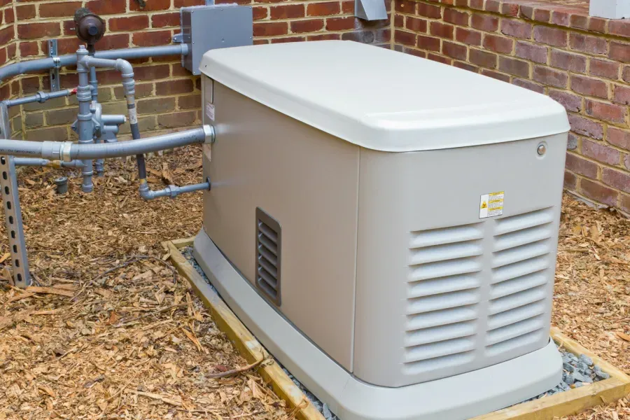 Gray standby generator beside a brick house, with gas piping and wood-chip ground cover.