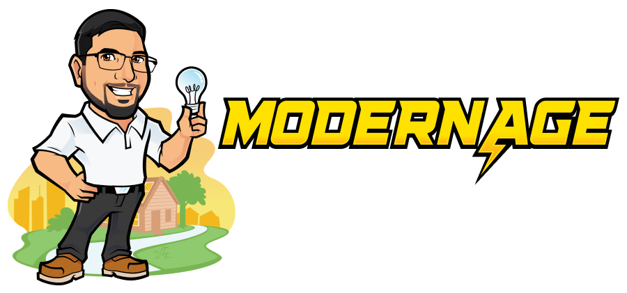 Cartoon logo of a smiling man holding a lightbulb beside the word “MODERNAGE”.
