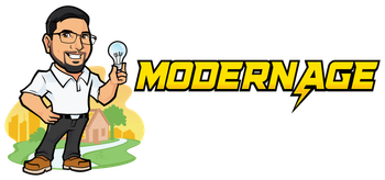 Cartoon logo of a smiling man holding a lightbulb beside the word “MODERNAGE”.
