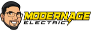 Modernage Electric logo with a cartoon technician face and bold yellow-black text
