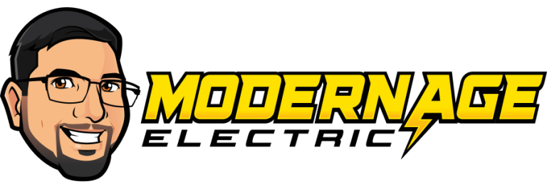 Modernage Electric logo with a cartoon technician face and bold yellow-black text